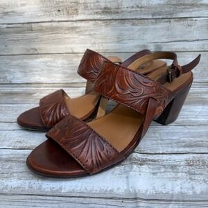 Patricia Nash Romana Tooled Leather Sandals 10 Brown Floral Block Heel Slingback